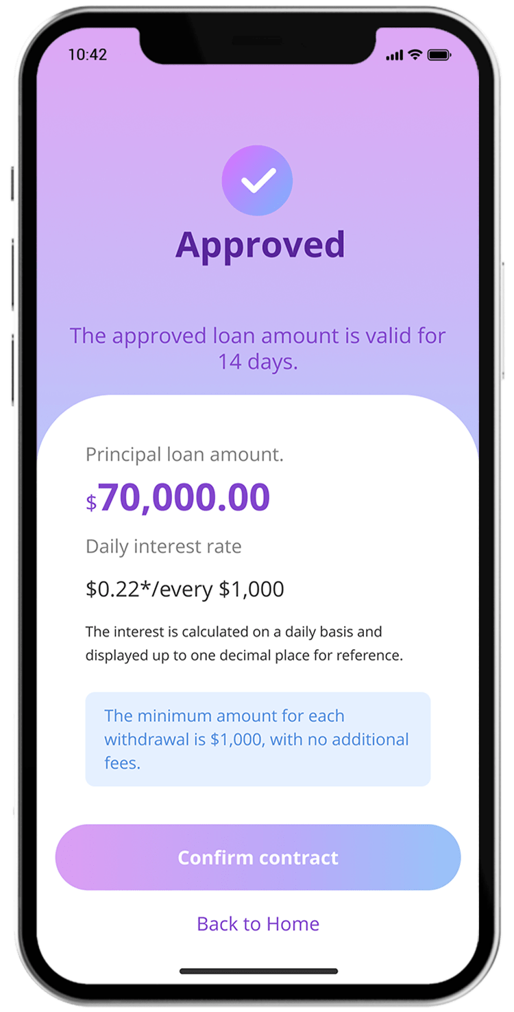 Confirmation and fund transfer Confirm the loan contract and fill-in bank information in app, then the fund will be transferred through FPS instantly to your bank account.